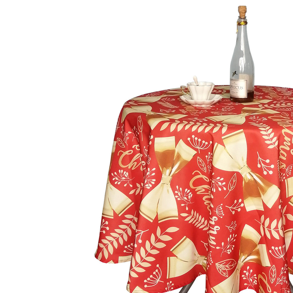 70" Round Christmas Ribbon & Leaf Print Polyester Wipe Clean Tablecloth - Red & Gold