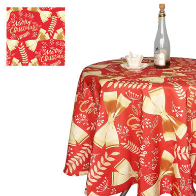 70" Round Christmas Ribbon & Leaf Print Polyester Wipe Clean Tablecloth - Red & Gold