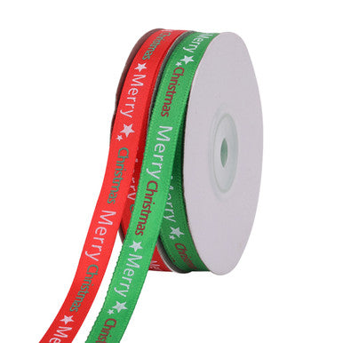 10mm Merry Christmas & Star Printed Grosgrain Ribbon, 2x 22m Rolls - Red & Green
