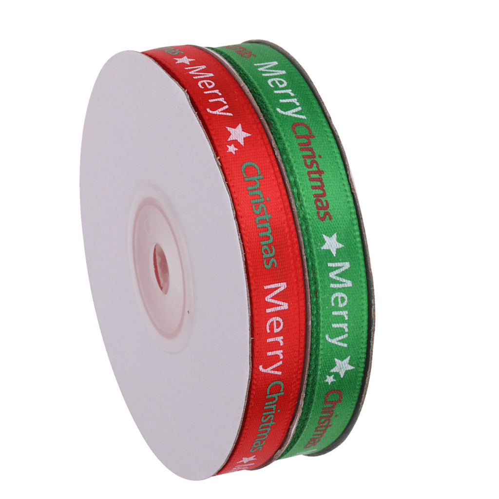 10mm Merry Christmas & Star Printed Grosgrain Ribbon, 2x 22m Rolls - Red & Green