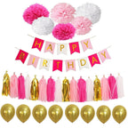 Pink & Gold Balloons, Pom-Poms, Bunting & Tassels Birthday Set