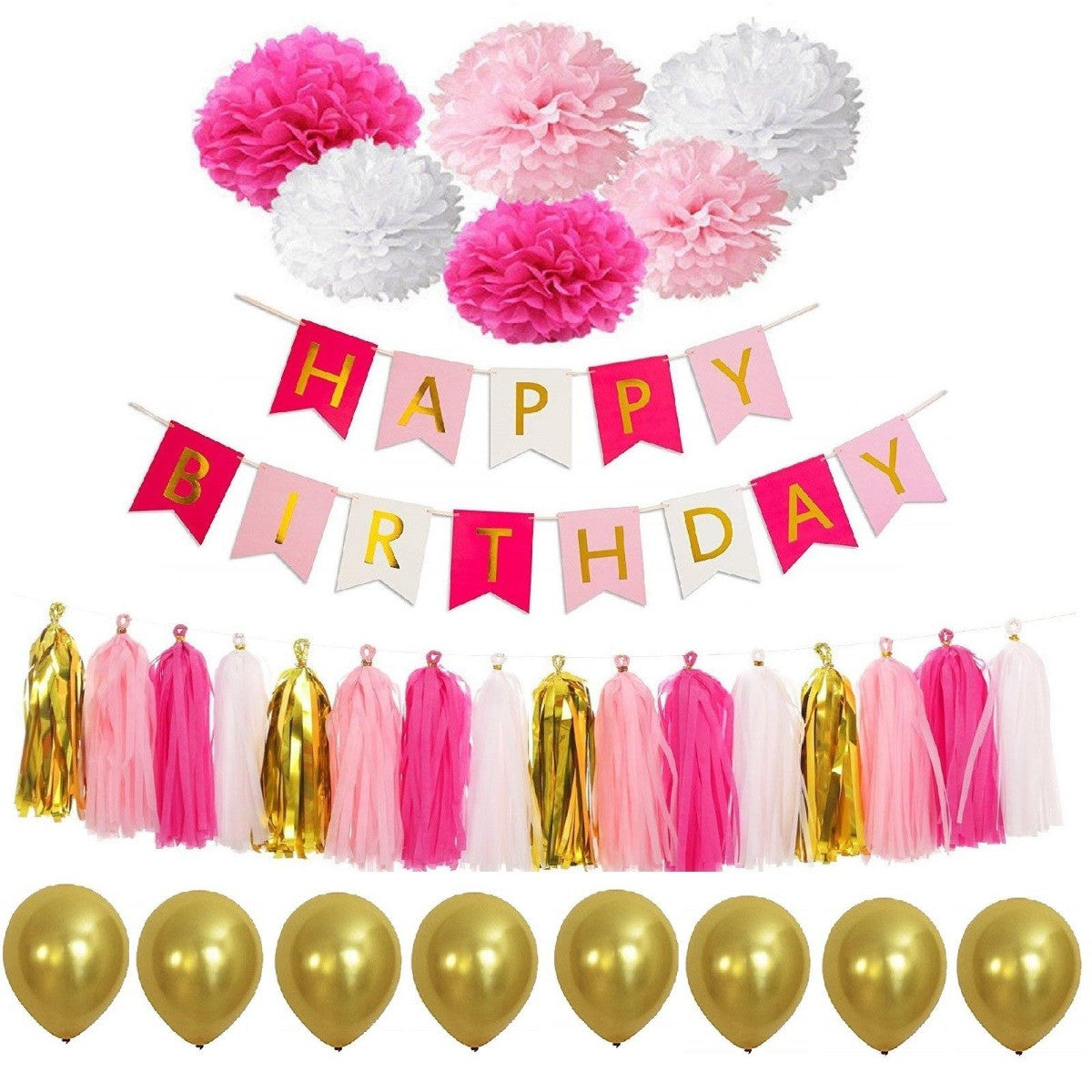 Pink & Gold Balloons, Pom-Poms, Bunting & Tassels Birthday Set