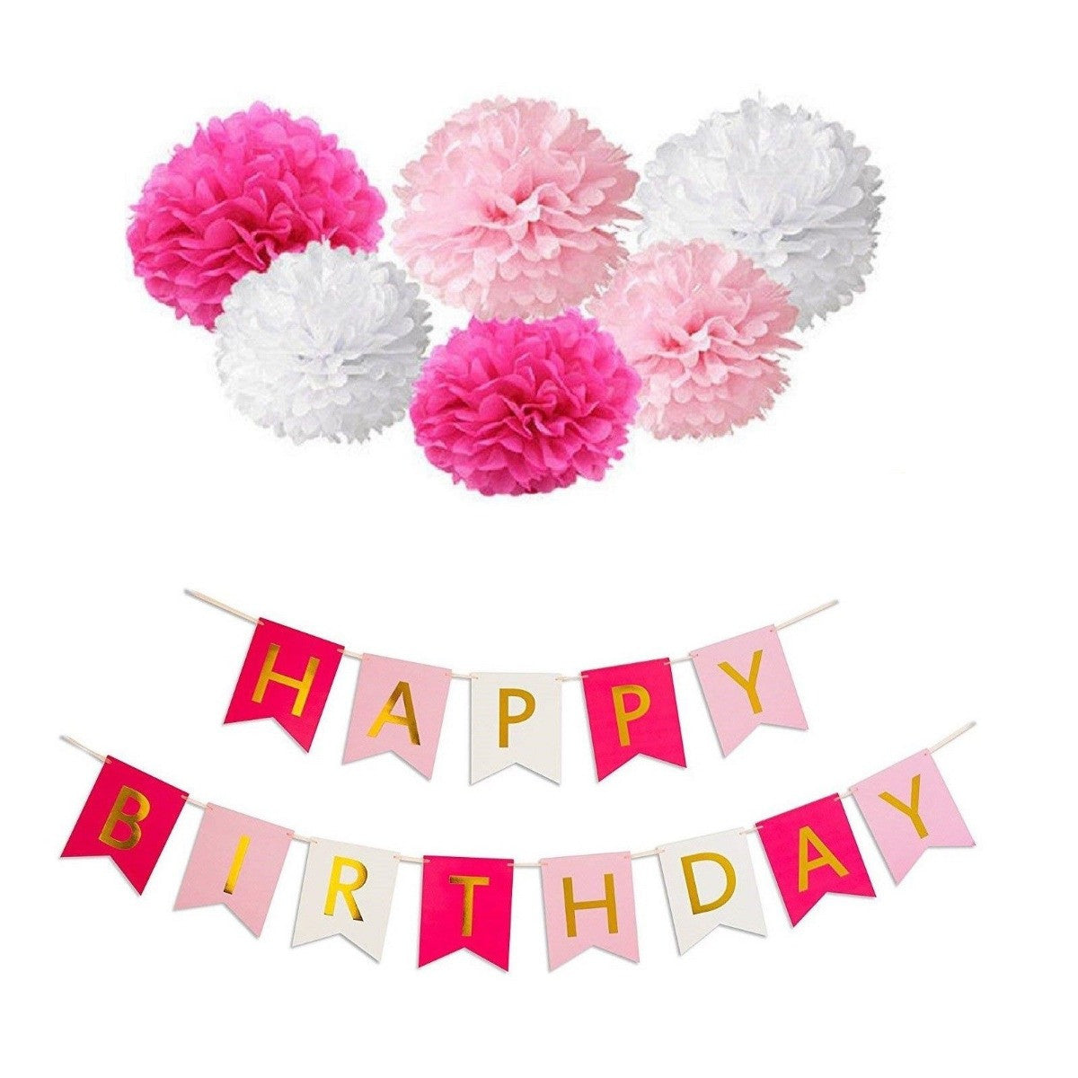 Pink & Gold Balloons, Pom-Poms, Bunting & Tassels Birthday Set