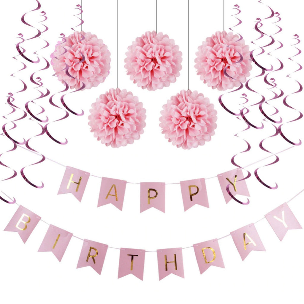 Pink Birthday Bunting, Pom-Poms & Hanging Decorations