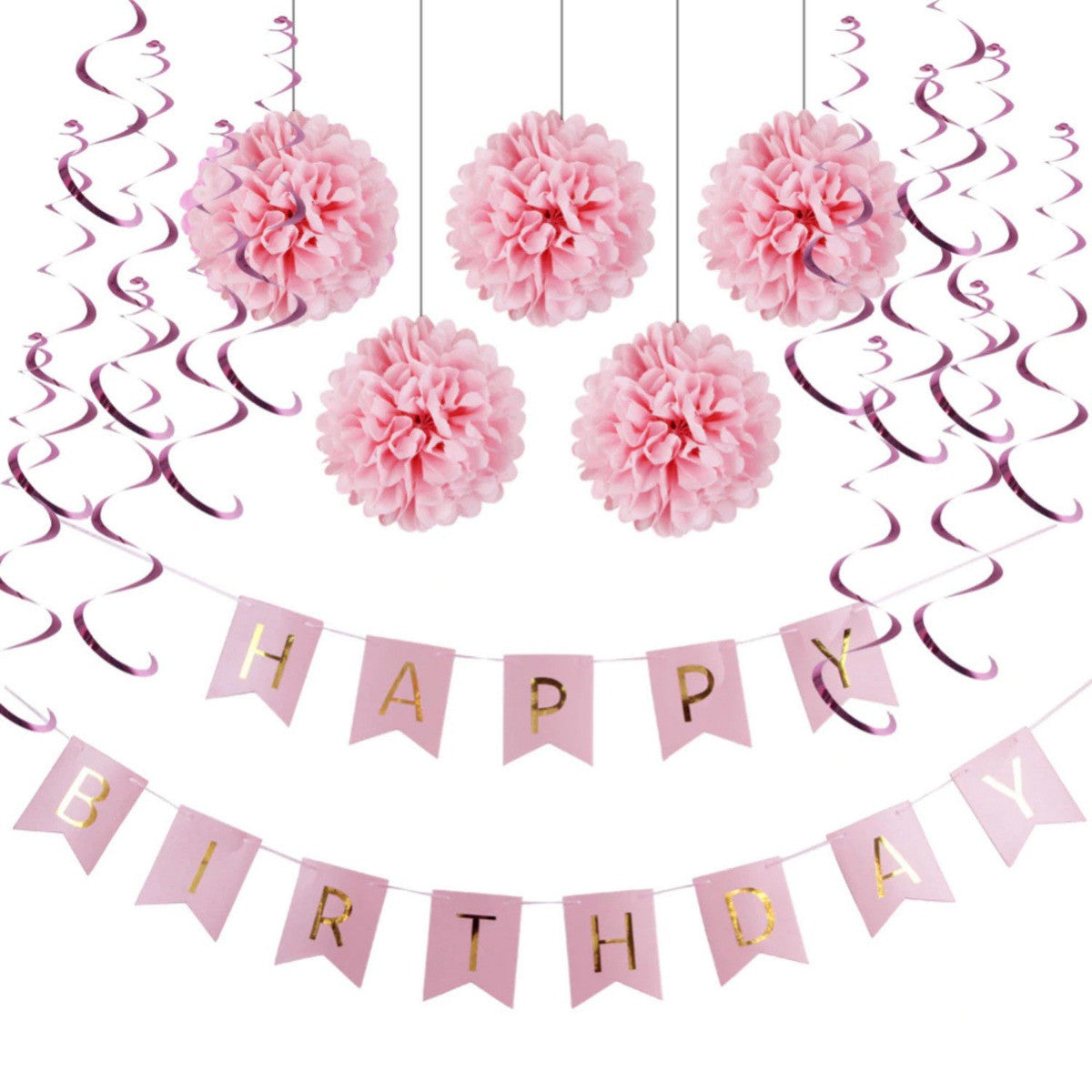 Pink Birthday Bunting, Pom-Poms & Hanging Decorations