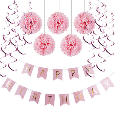 Pink Birthday Bunting, Pom-Poms & Hanging Decorations