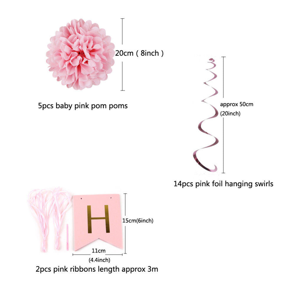 Pink Birthday Bunting, Pom-Poms & Hanging Decorations