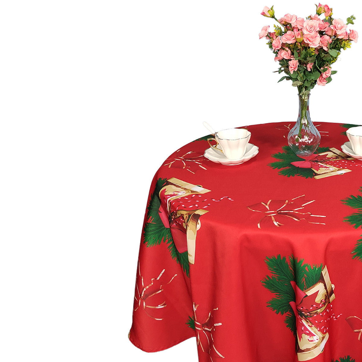 70" Round Christmas Jingle Bells Print Polyester Wipe Clean Tablecloth