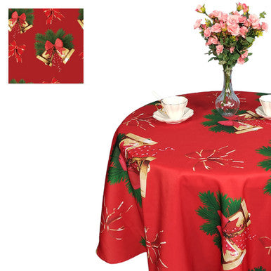 70" Round Christmas Jingle Bells Print Polyester Wipe Clean Tablecloth