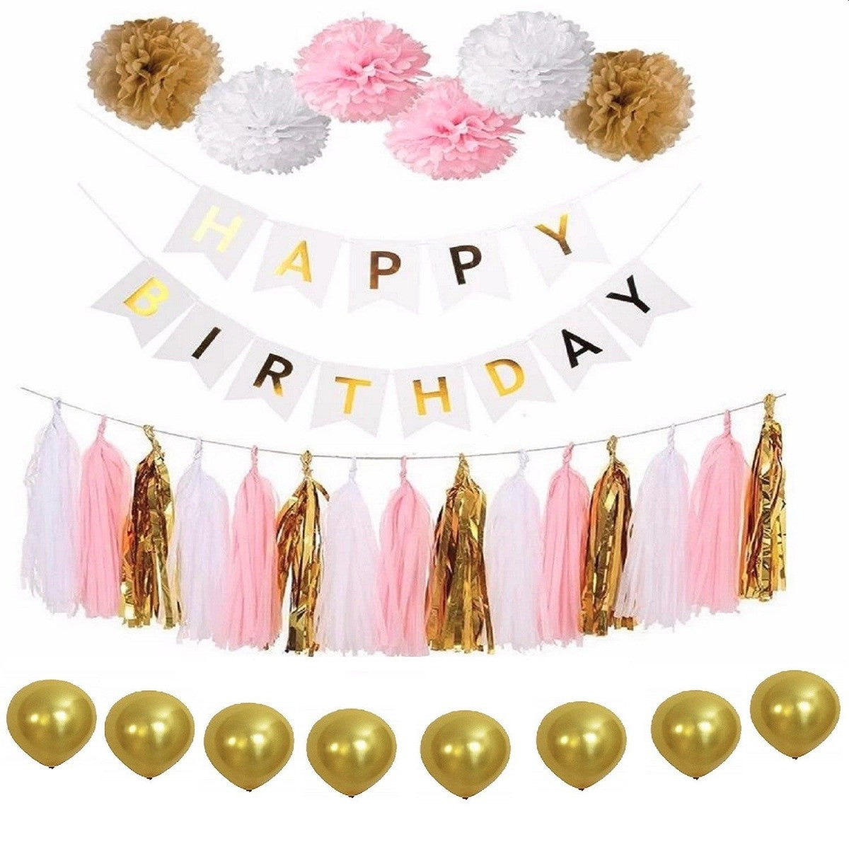 Pink, White & Gold Balloons, Pom-Poms, Bunting & Tassels Birthday Set