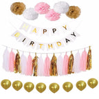 Pink, White & Gold Balloons, Pom-Poms, Bunting & Tassels Birthday Set