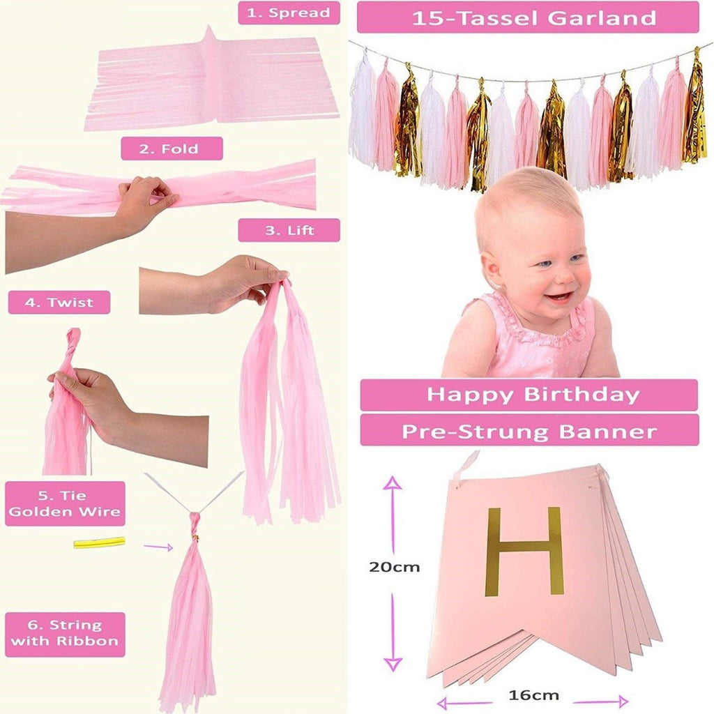 Pink, White & Gold Balloons, Pom-Poms, Bunting & Tassels Birthday Set