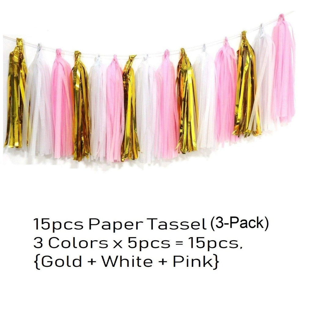 Pink, White & Gold Balloons, Pom-Poms, Bunting & Tassels Birthday Set