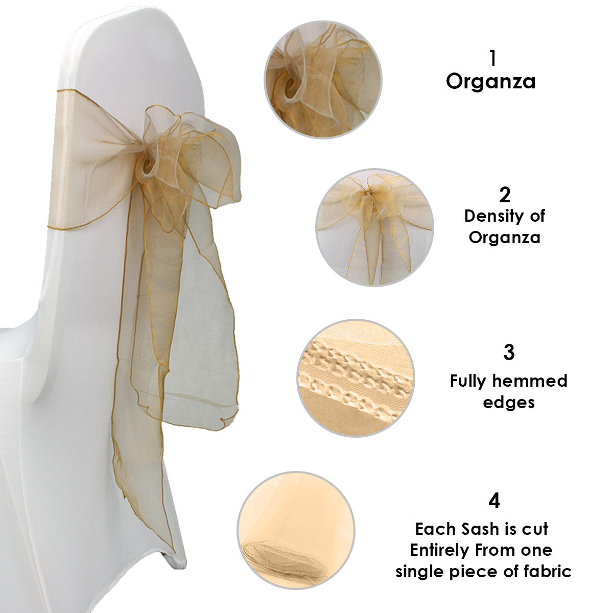 7" x 108" Organza Chair Sash - Antique Gold