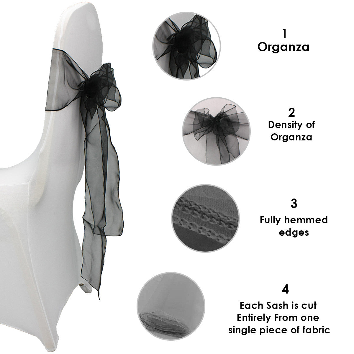 7" x 108" Organza Chair Sash - Black