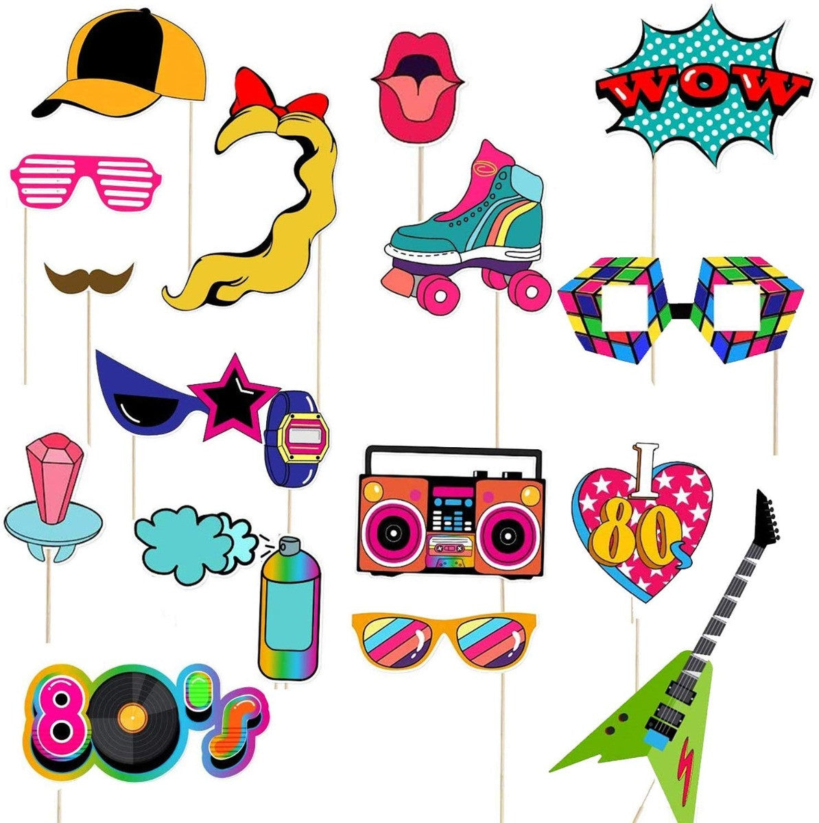 18pc 80's Style Pop Retro Photo Booth Cardboard Party Props