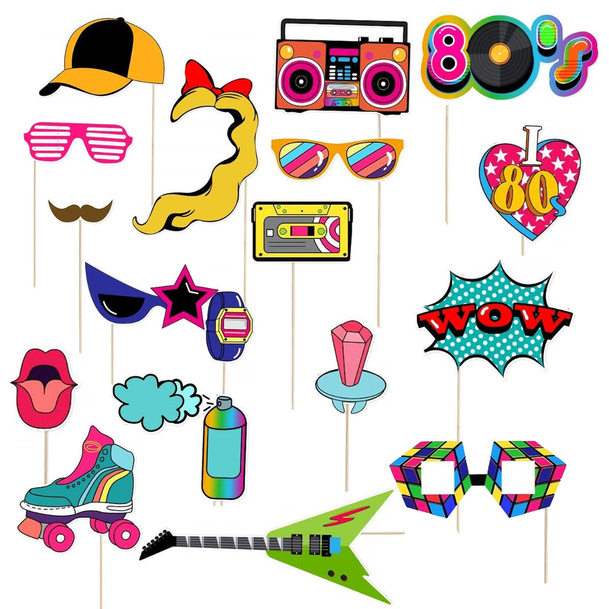 18pc 80's Style Pop Retro Photo Booth Cardboard Party Props
