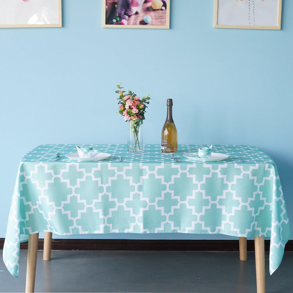 60" x 84" Rectangle Premium Waterproof Polyester Tablecloth - Turquoise with White Geometic Cross & Star Shapes