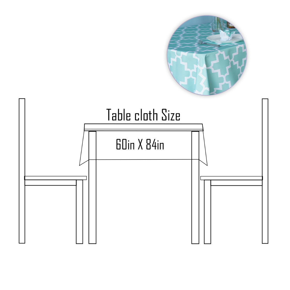 60" x 84" Rectangle Premium Waterproof Polyester Tablecloth - Turquoise with White Geometic Cross & Star Shapes