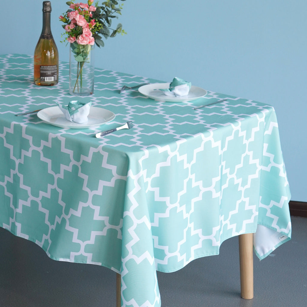 60" x 84" Rectangle Premium Waterproof Polyester Tablecloth - Turquoise with White Geometic Cross & Star Shapes