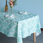 60" x 84" Rectangle Premium Waterproof Polyester Tablecloth - Turquoise with White Geometic Cross & Star Shapes