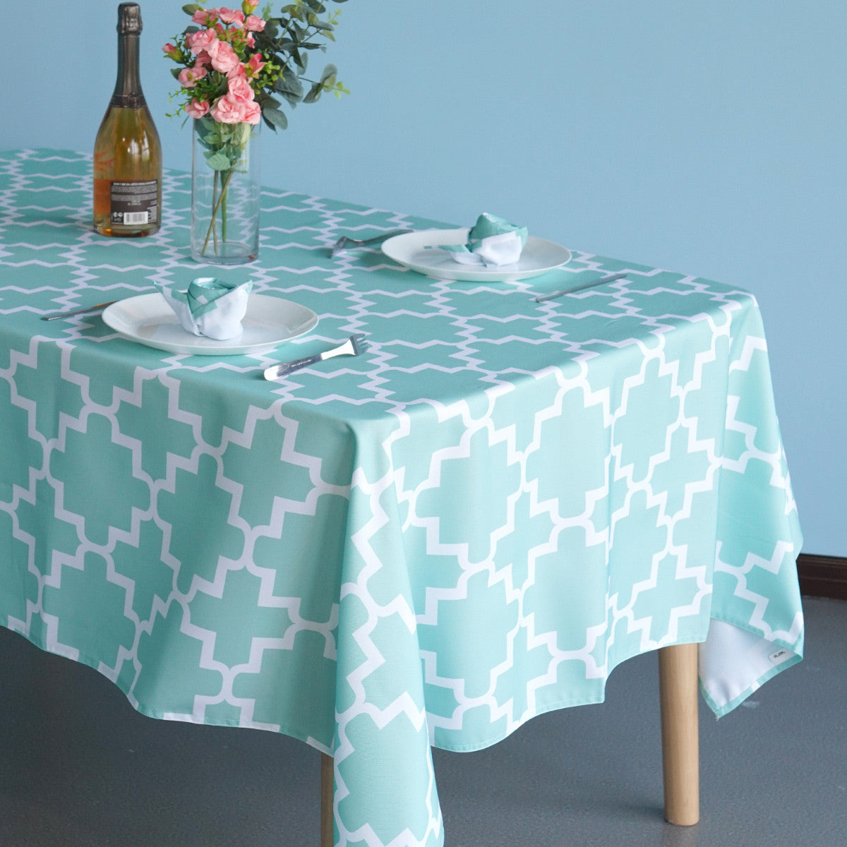 60" x 84" Rectangle Premium Waterproof Polyester Tablecloth - Turquoise with White Geometic Cross & Star Shapes