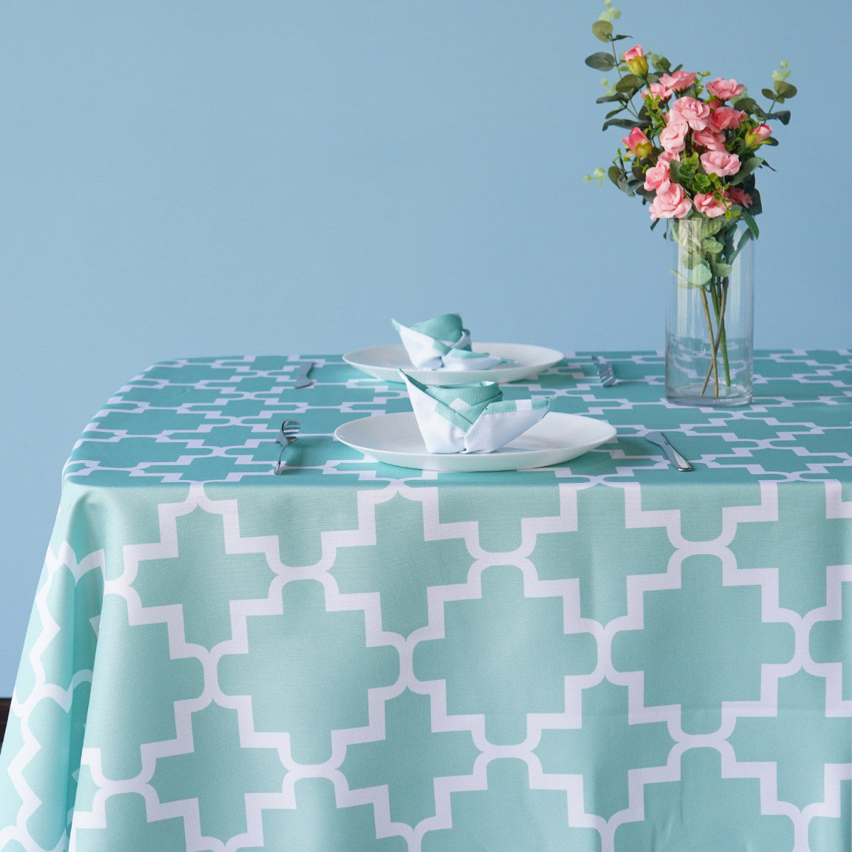 60" x 84" Rectangle Premium Waterproof Polyester Tablecloth - Turquoise with White Geometic Cross & Star Shapes