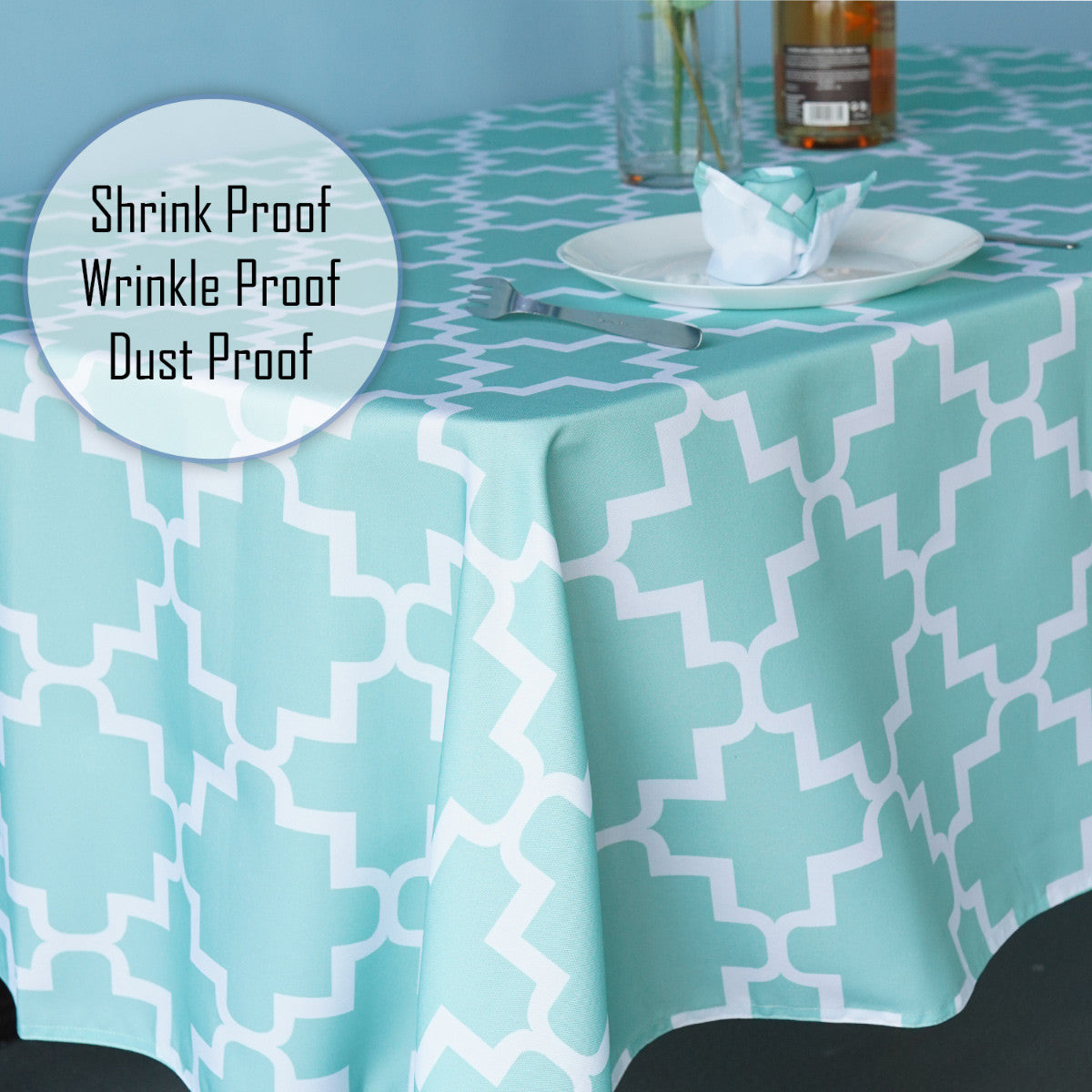 60" x 84" Rectangle Premium Waterproof Polyester Tablecloth - Turquoise with White Geometic Cross & Star Shapes
