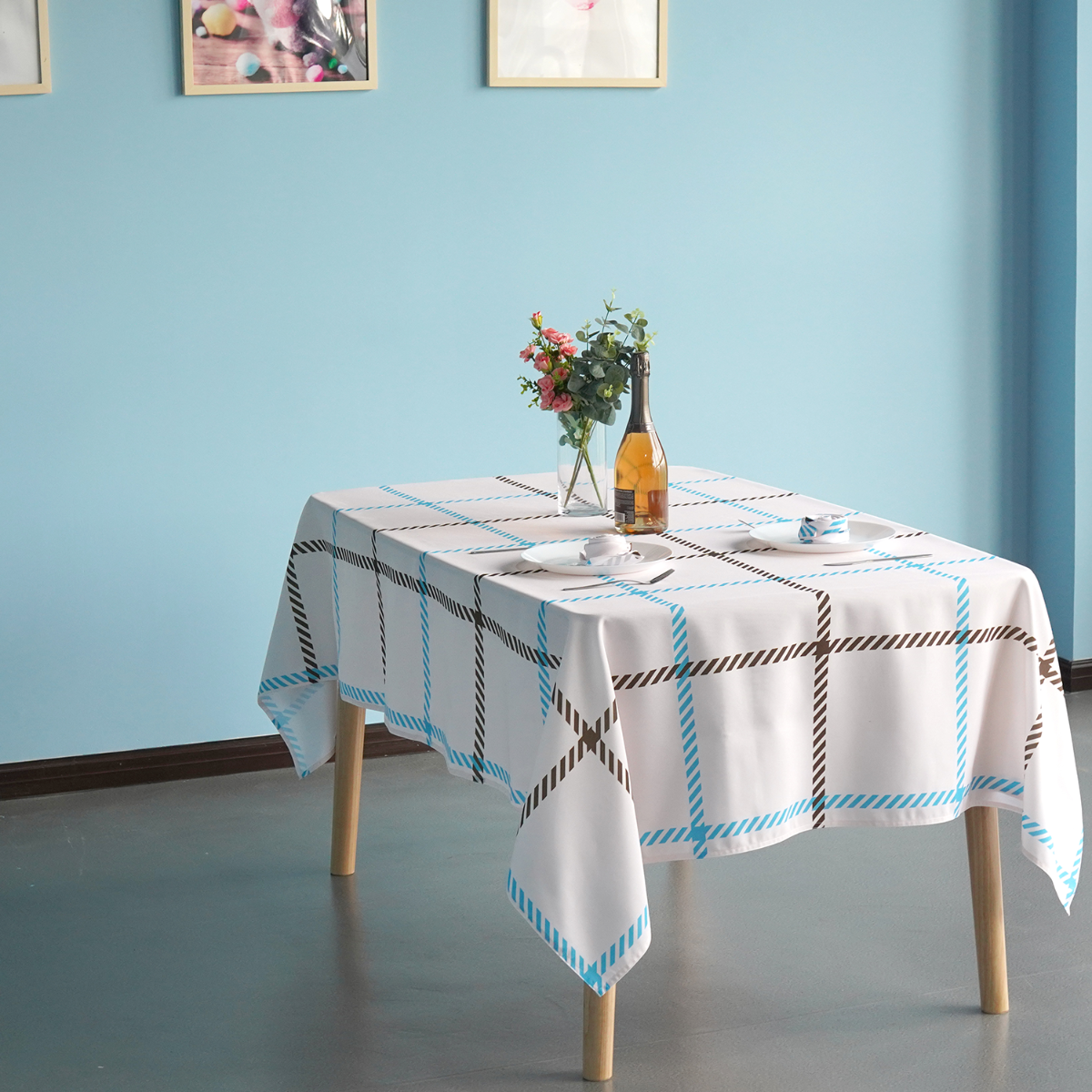 60" x 84" Rectangle Premium Waterproof Polyester Tablecloth - Blue/Brown Check