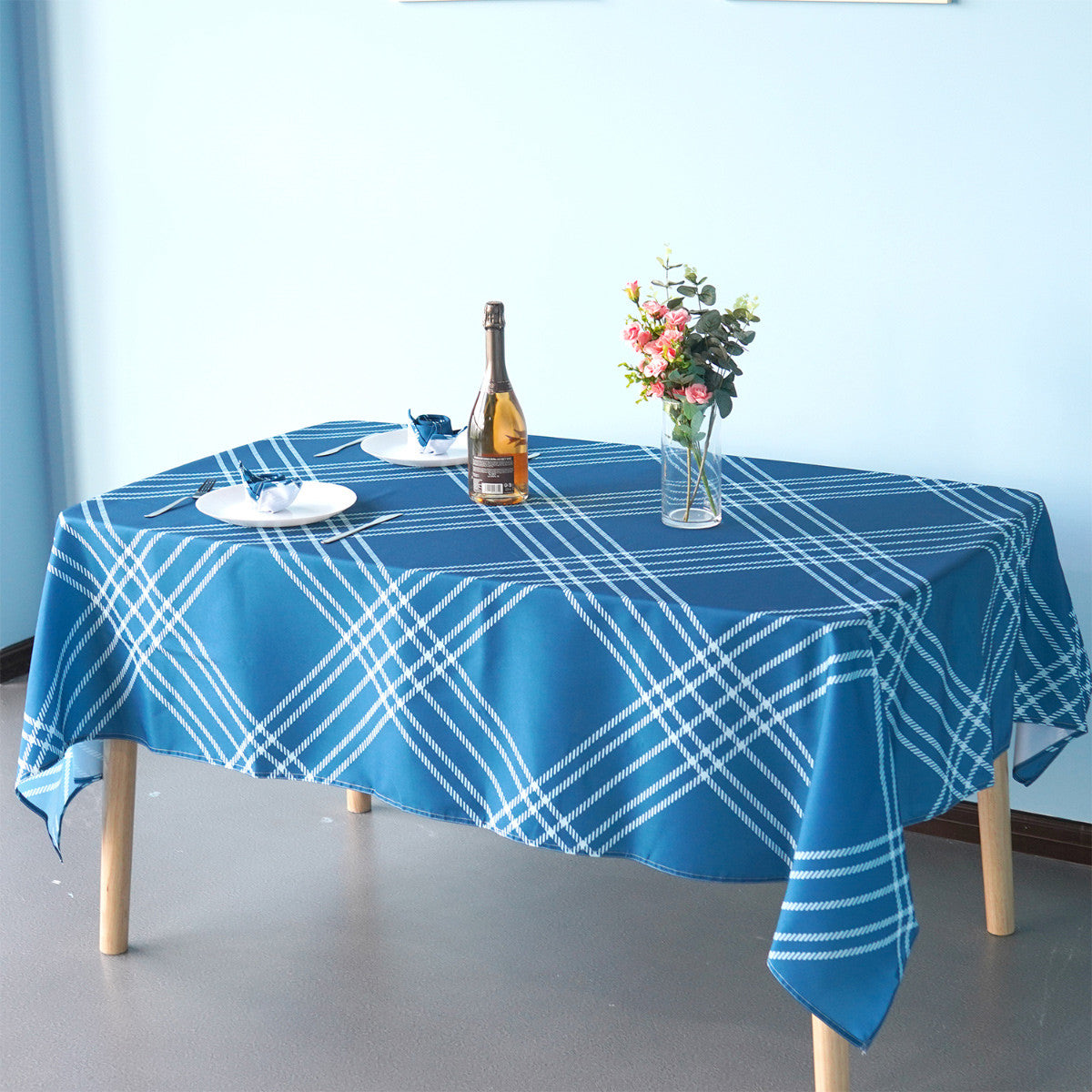 60" x 84" Rectangle Premium Waterproof Polyester Tablecloth - Blue Large Cross Stripes