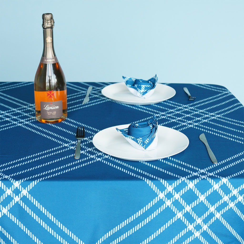 60" x 84" Rectangle Premium Waterproof Polyester Tablecloth - Blue Large Cross Stripes