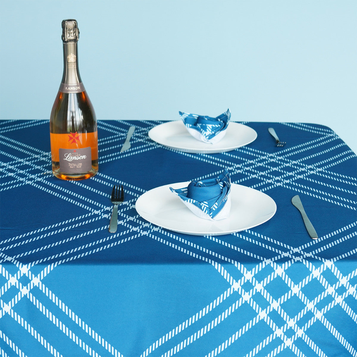60" x 84" Rectangle Premium Waterproof Polyester Tablecloth - Blue Large Cross Stripes