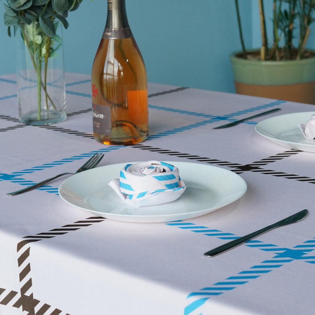 60" x 84" Rectangle Premium Waterproof Polyester Tablecloth - Blue/Brown Check
