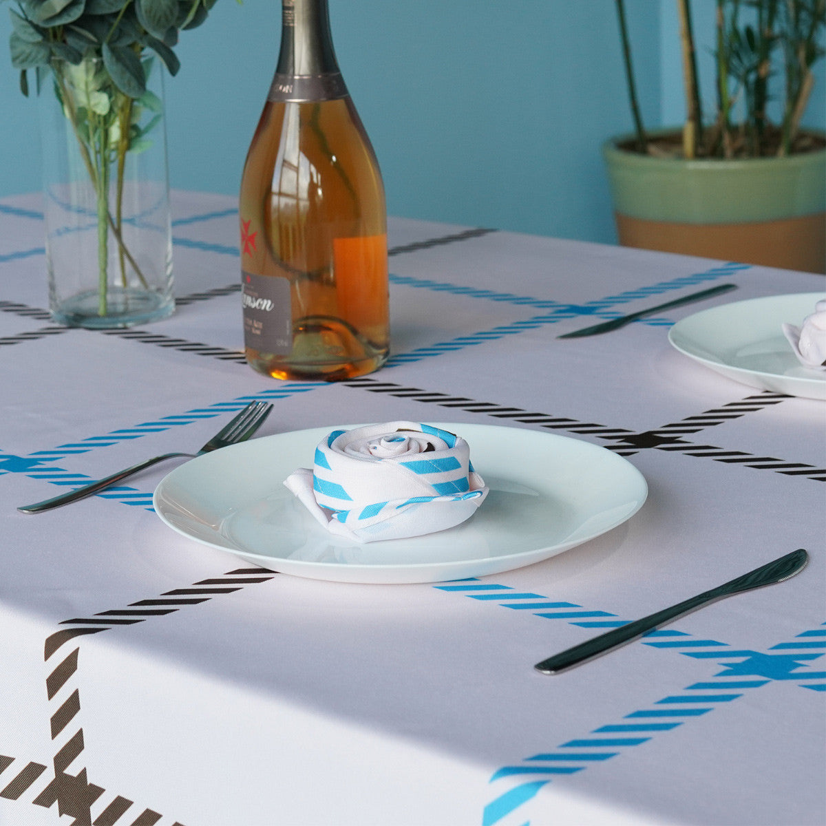 60" x 84" Rectangle Premium Waterproof Polyester Tablecloth - Blue/Brown Check