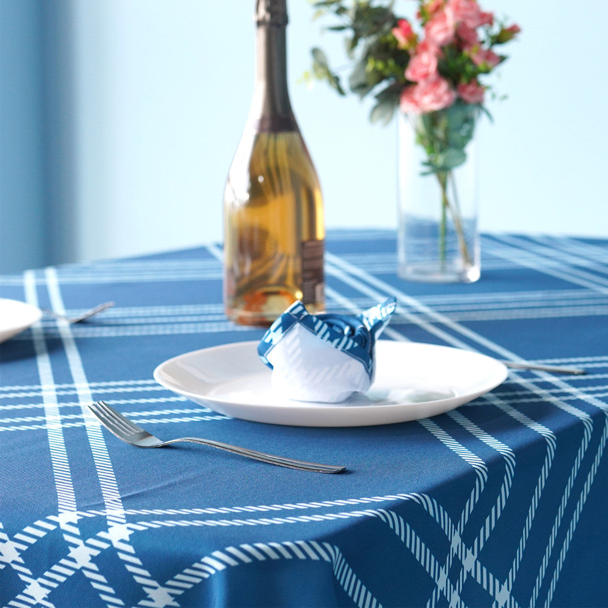 60" x 84" Rectangle Premium Waterproof Polyester Tablecloth - Blue Large Cross Stripes