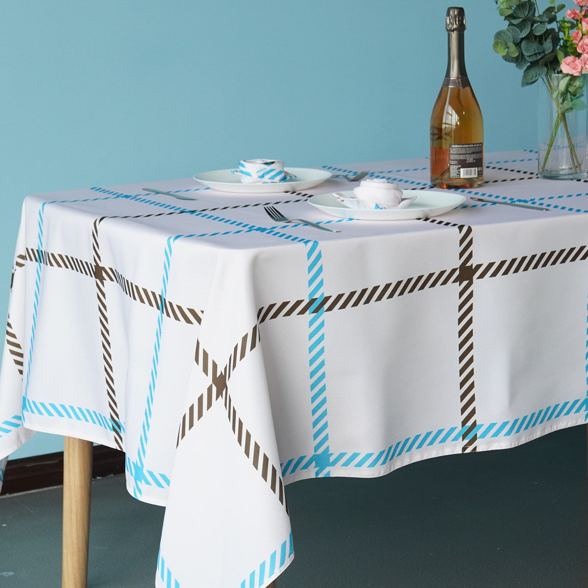 60" x 84" Rectangle Premium Waterproof Polyester Tablecloth - Blue/Brown Check