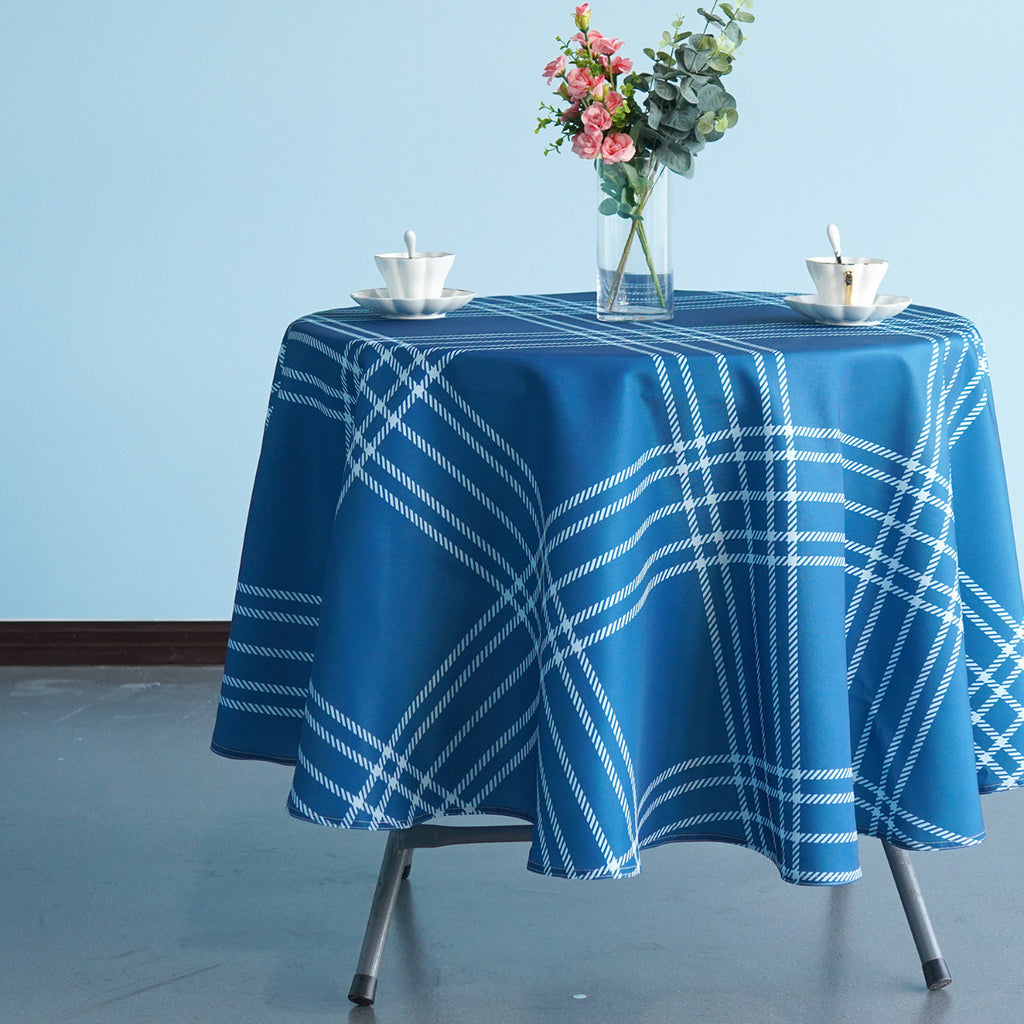 70" Round Premium Waterproof Polyester Tablecloth - Blue Large Cross Stripes