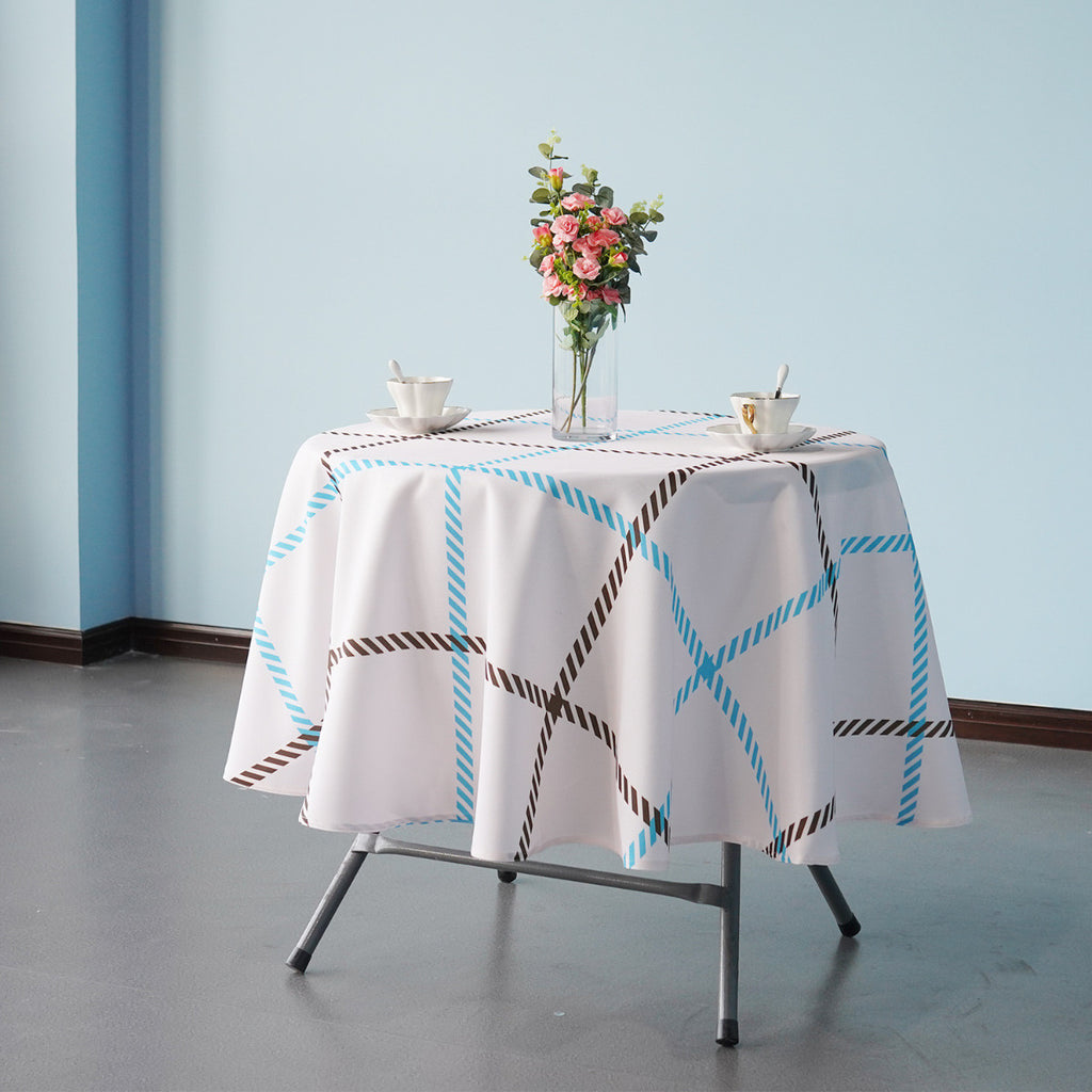 70" Round Premium Waterproof Polyester Tablecloth - Blue & Brown Thin Check on White