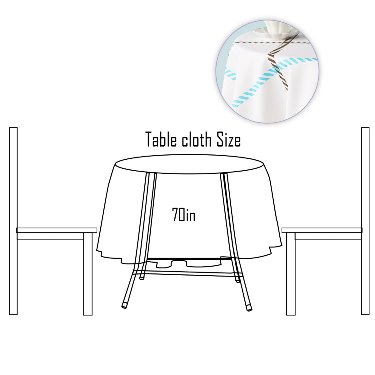 70" Round Premium Waterproof Polyester Tablecloth - Blue & Brown Thin Check on White