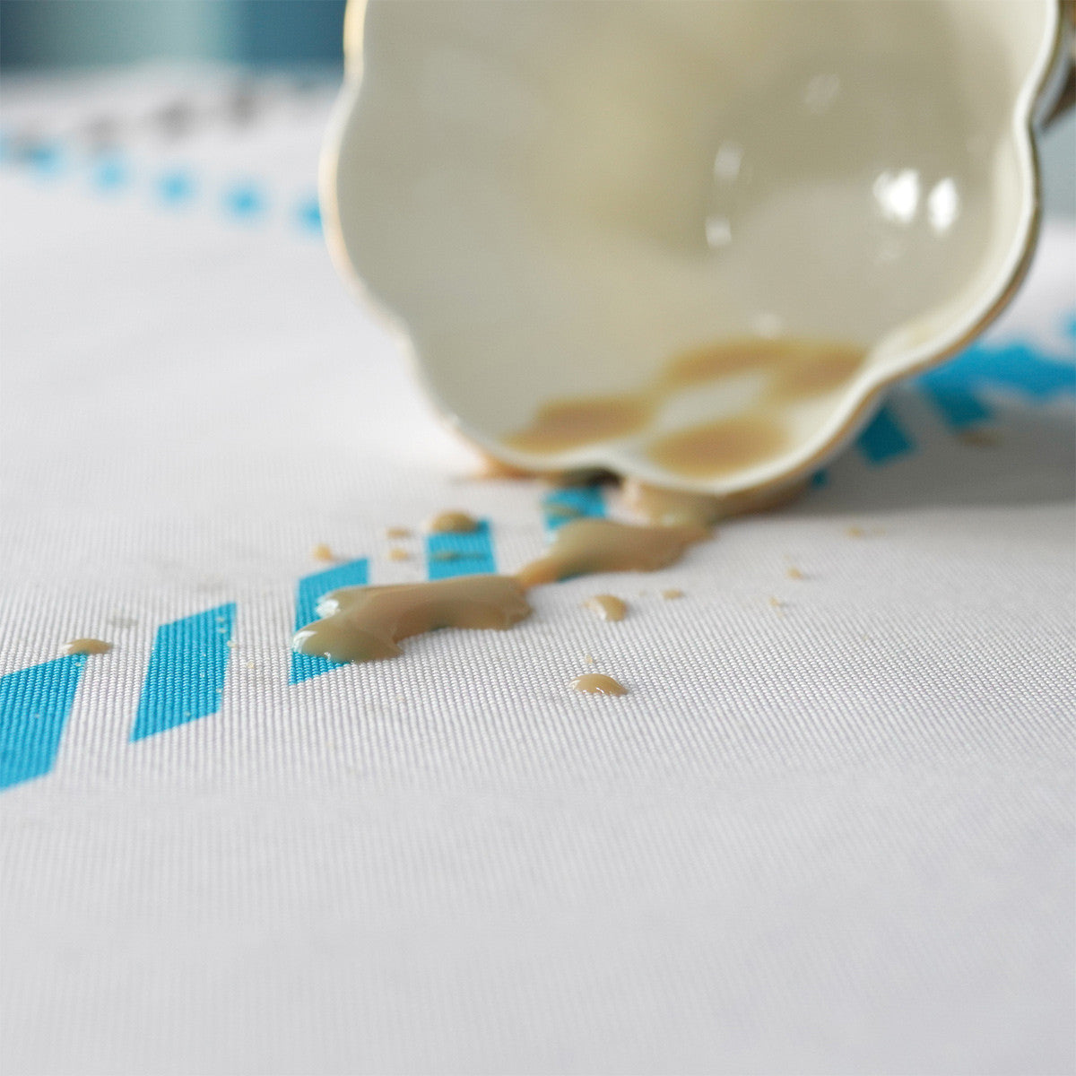 70" Round Premium Waterproof Polyester Tablecloth - Blue & Brown Thin Check on White