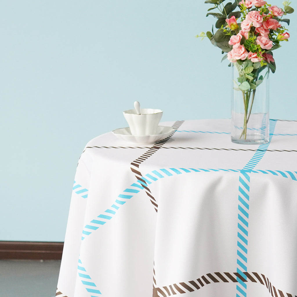 70" Round Premium Waterproof Polyester Tablecloth - Blue & Brown Thin Check on White