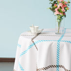 70" Round Premium Waterproof Polyester Tablecloth - Blue & Brown Thin Check on White