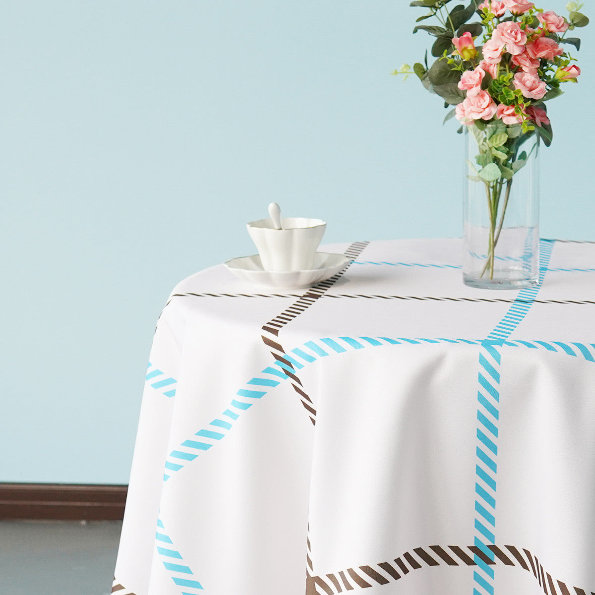 70" Round Premium Waterproof Polyester Tablecloth - Blue & Brown Thin Check on White