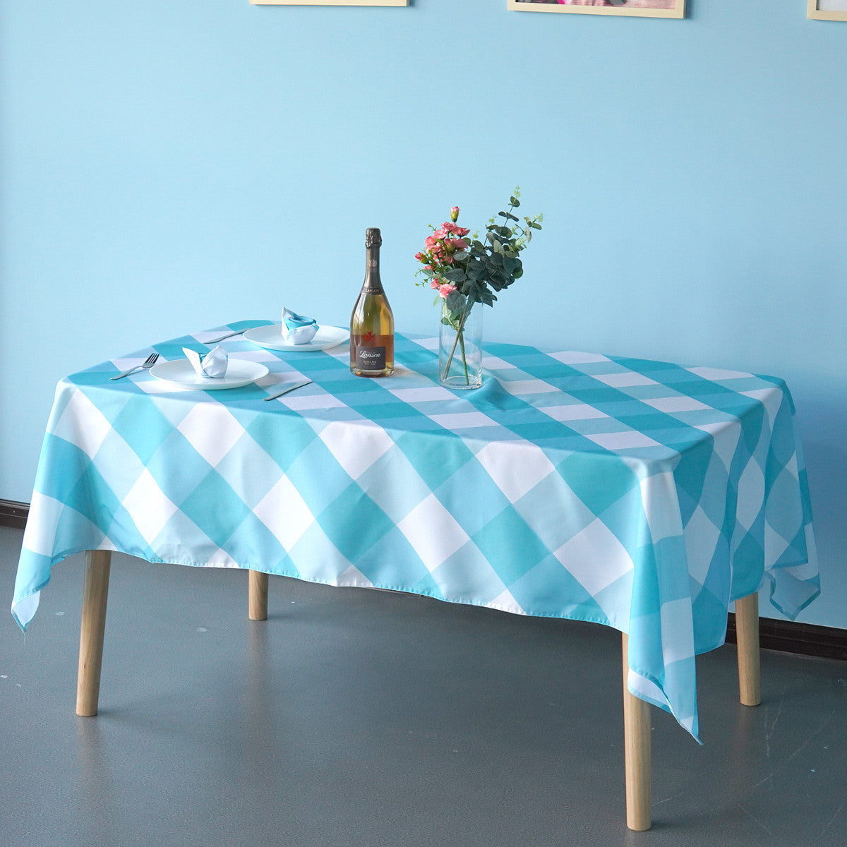 60" x 84" Rectangle Premium Waterproof Polyester Tablecloth - Turquoise Large Gingham