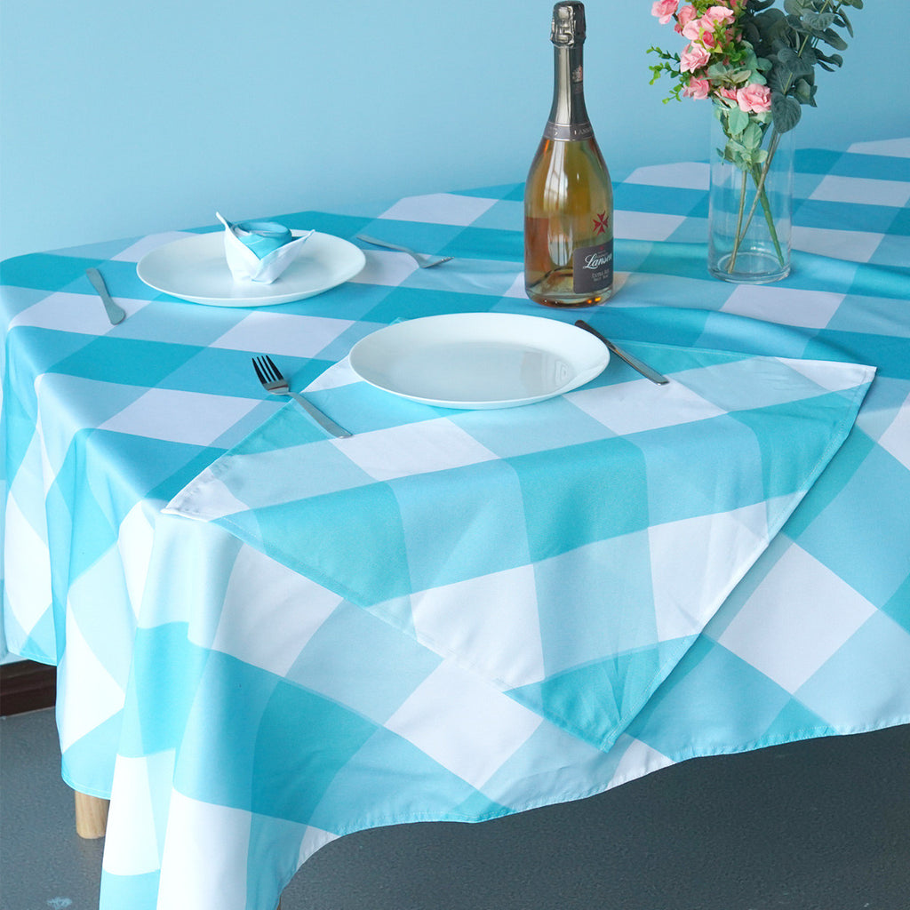 60" x 84" Rectangle Premium Waterproof Polyester Tablecloth - Turquoise Large Gingham