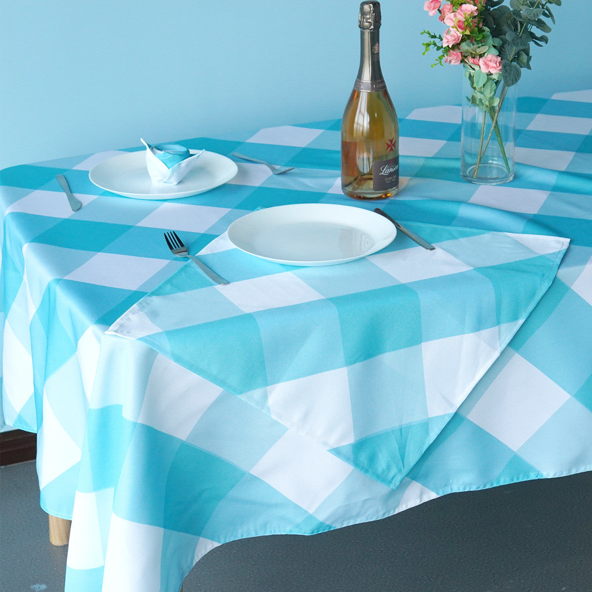 60" x 84" Rectangle Premium Waterproof Polyester Tablecloth - Turquoise Large Gingham