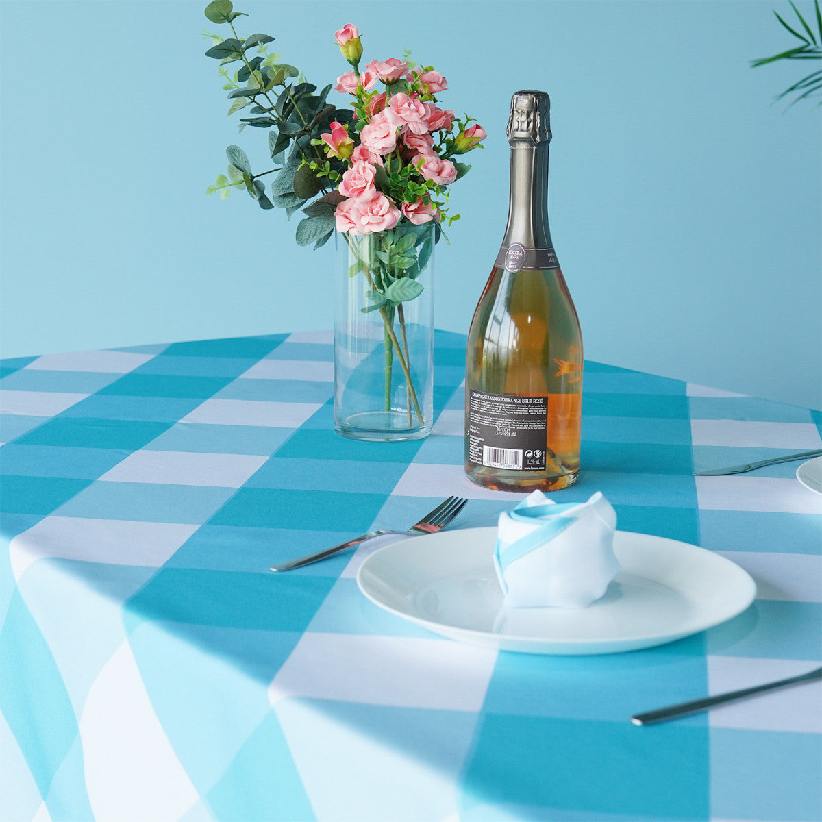 60" x 84" Rectangle Premium Waterproof Polyester Tablecloth - Turquoise Large Gingham