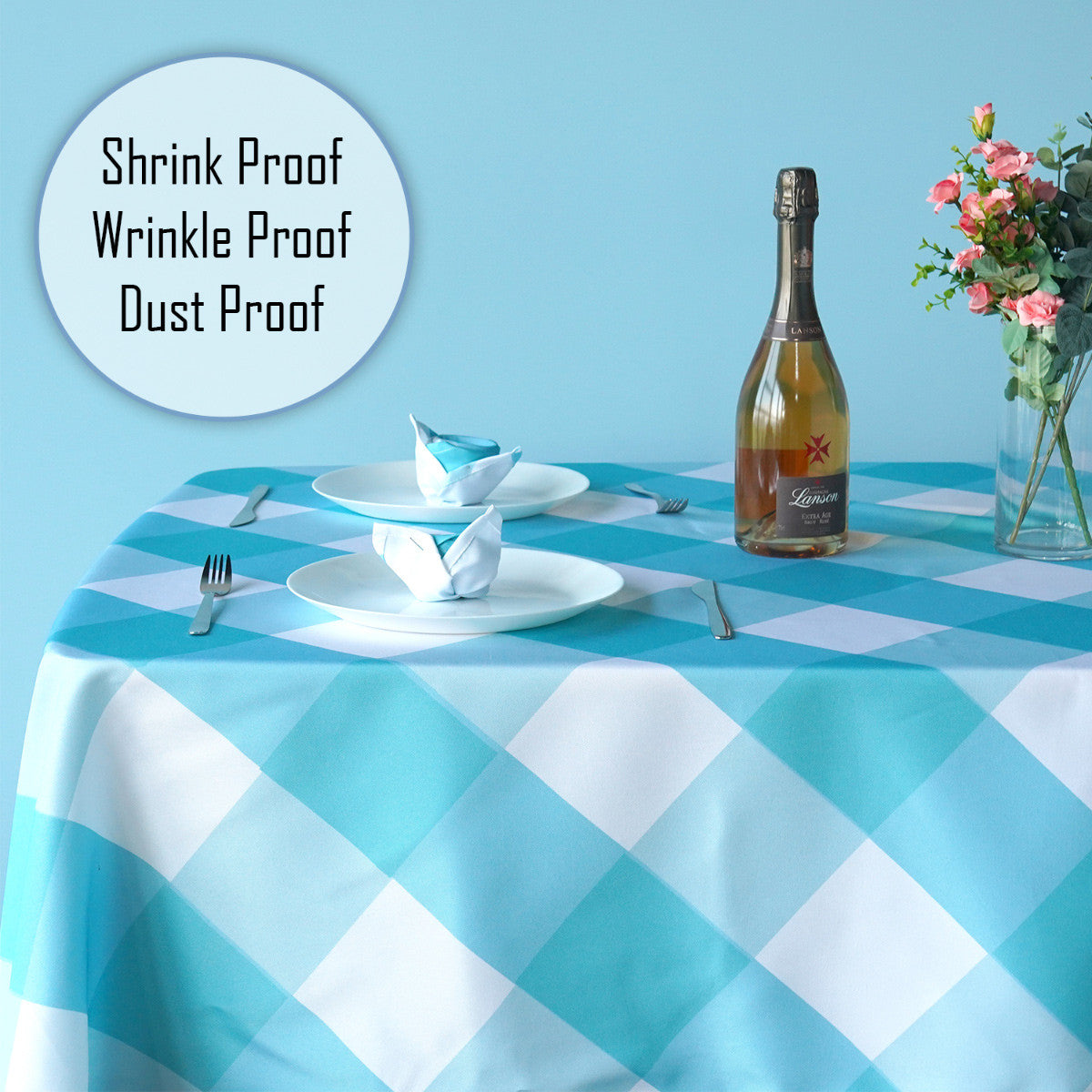 60" x 84" Rectangle Premium Waterproof Polyester Tablecloth - Turquoise Large Gingham
