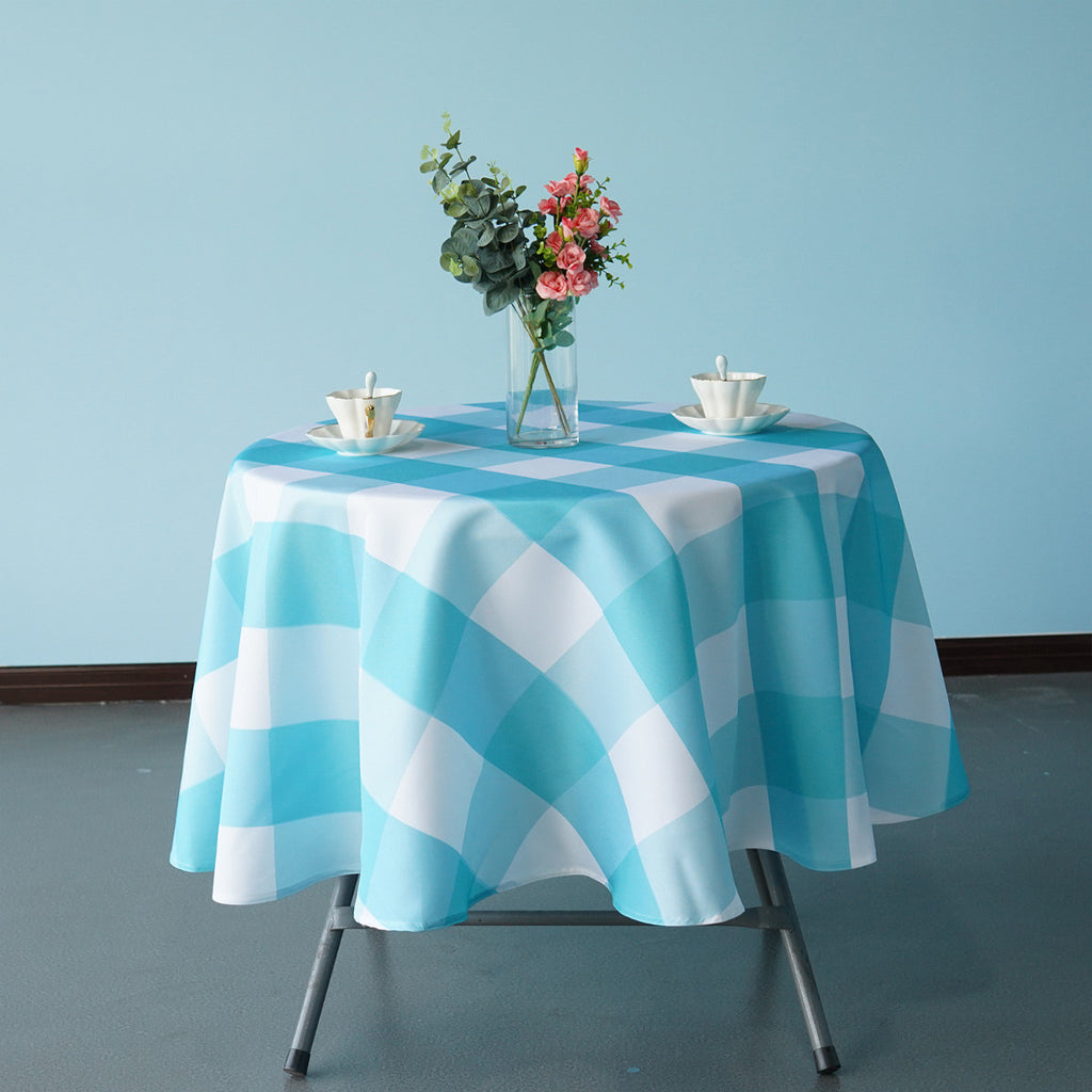 70" Round Premium Waterproof Polyester Tablecloth - Turquoise Large Gingham
