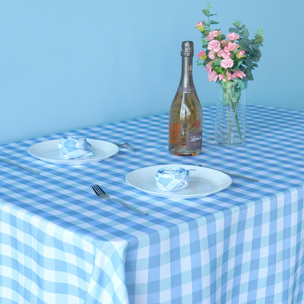 60" x 84" Rectangle Premium Waterproof Polyester Tablecloth - Light Blue & White Gingham
